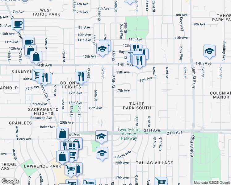 map of restaurants, bars, coffee shops, grocery stores, and more near 5800 17th Avenue in Sacramento