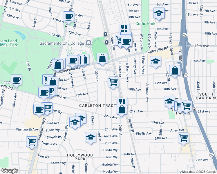 map of restaurants, bars, coffee shops, grocery stores, and more near 4250 Attawa Avenue in Sacramento