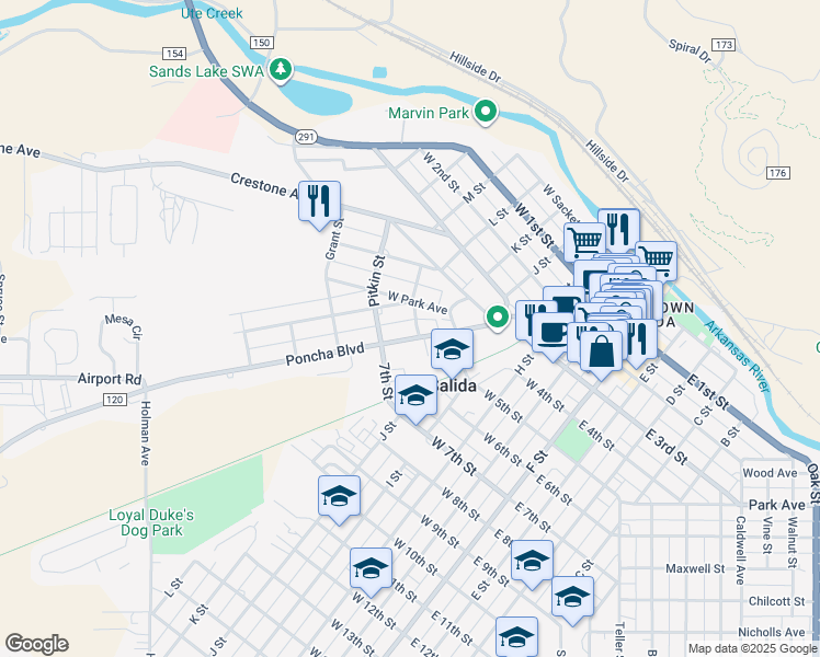 map of restaurants, bars, coffee shops, grocery stores, and more near 210 Poncha Boulevard in Salida