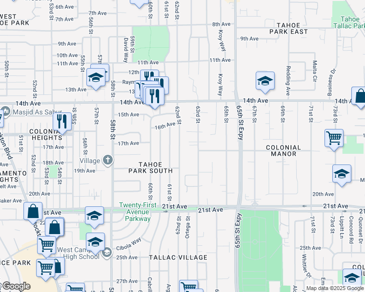 map of restaurants, bars, coffee shops, grocery stores, and more near 4235 62nd Street in Sacramento