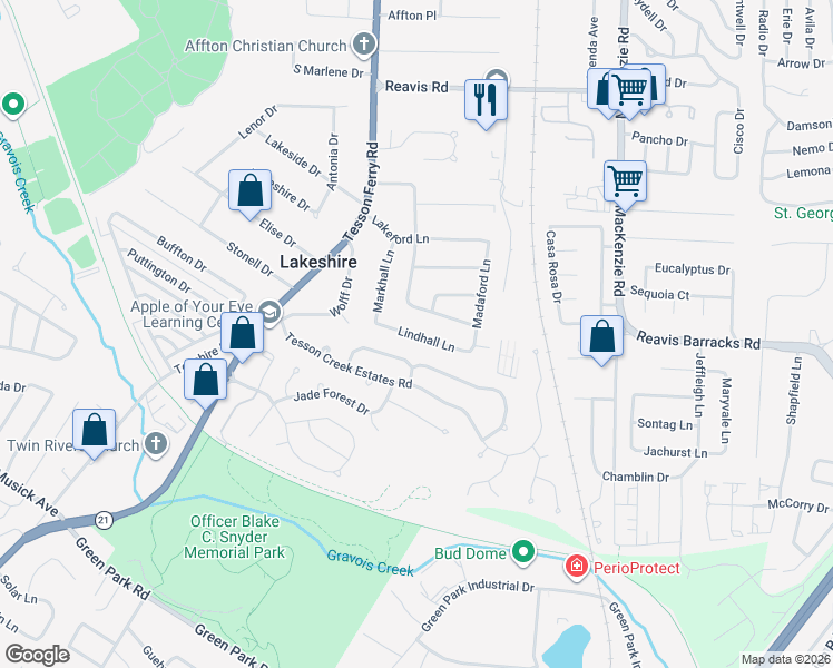 map of restaurants, bars, coffee shops, grocery stores, and more near 9839 Madaford Lane in Affton