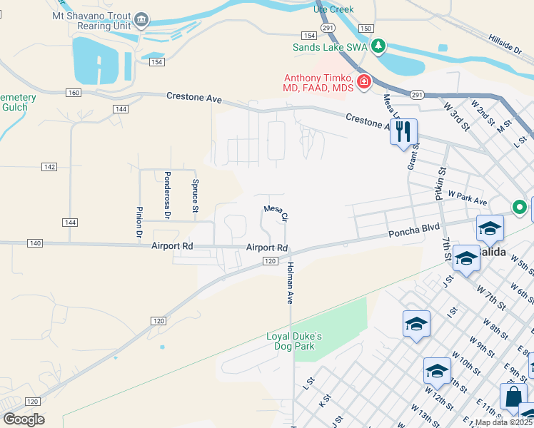 map of restaurants, bars, coffee shops, grocery stores, and more near 142 Mesa Circle in Salida