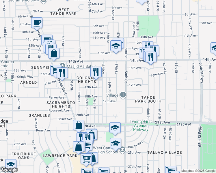 map of restaurants, bars, coffee shops, grocery stores, and more near 4116 56th Street in Sacramento