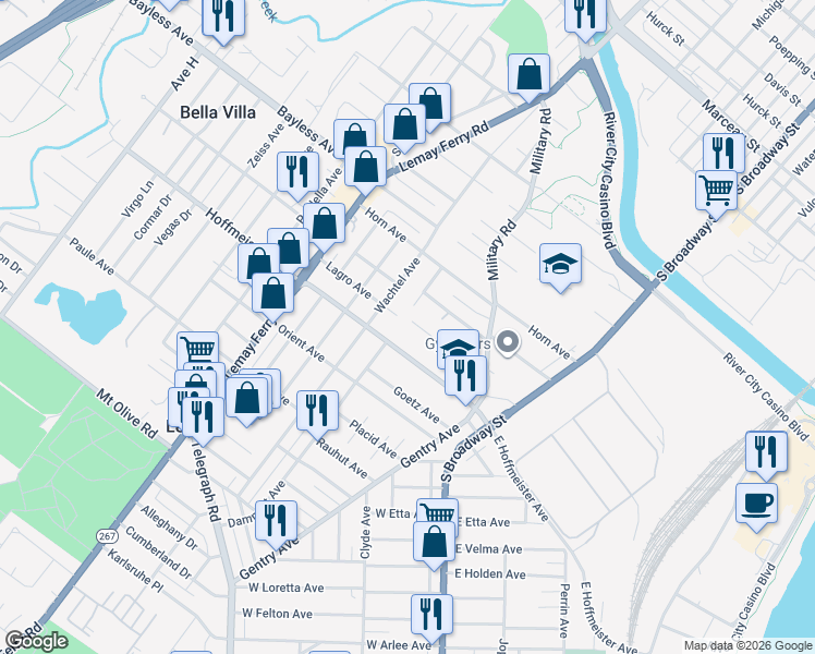 map of restaurants, bars, coffee shops, grocery stores, and more near 364 Lagro Avenue in St. Louis