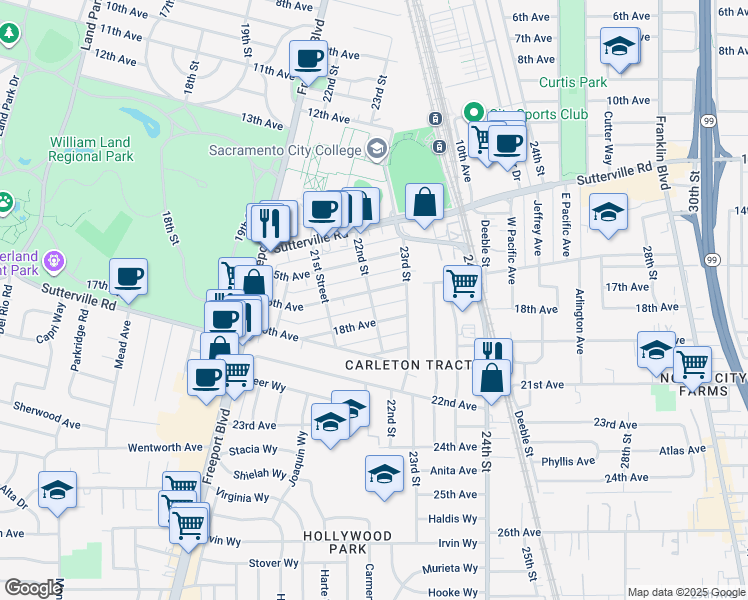 map of restaurants, bars, coffee shops, grocery stores, and more near 4205 22nd Street in Sacramento