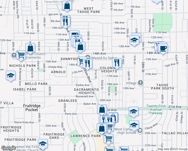 map of restaurants, bars, coffee shops, grocery stores, and more near 4131 50th Street in Sacramento