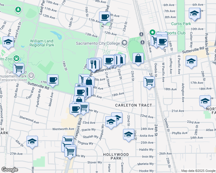 map of restaurants, bars, coffee shops, grocery stores, and more near 2061 16th Avenue in Sacramento