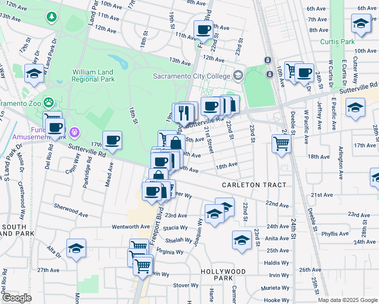 map of restaurants, bars, coffee shops, grocery stores, and more near 2027 16th Avenue in Sacramento