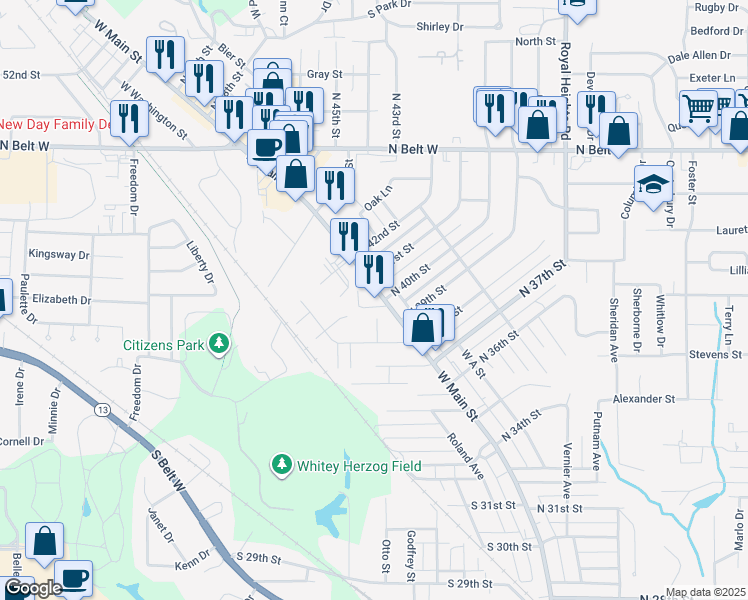 map of restaurants, bars, coffee shops, grocery stores, and more near 4002 West Main Street in Belleville