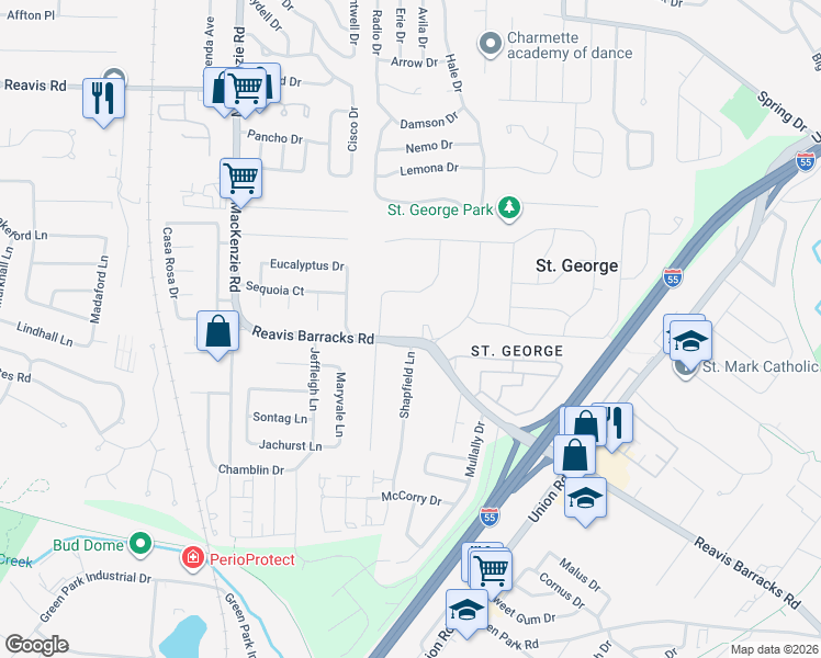 map of restaurants, bars, coffee shops, grocery stores, and more near 9163 Reavis Barracks Road in St. Louis