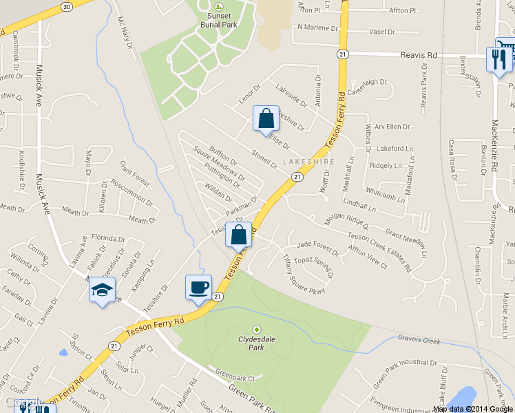 map of restaurants, bars, coffee shops, grocery stores, and more near 10003 Willdan Drive in St. Louis