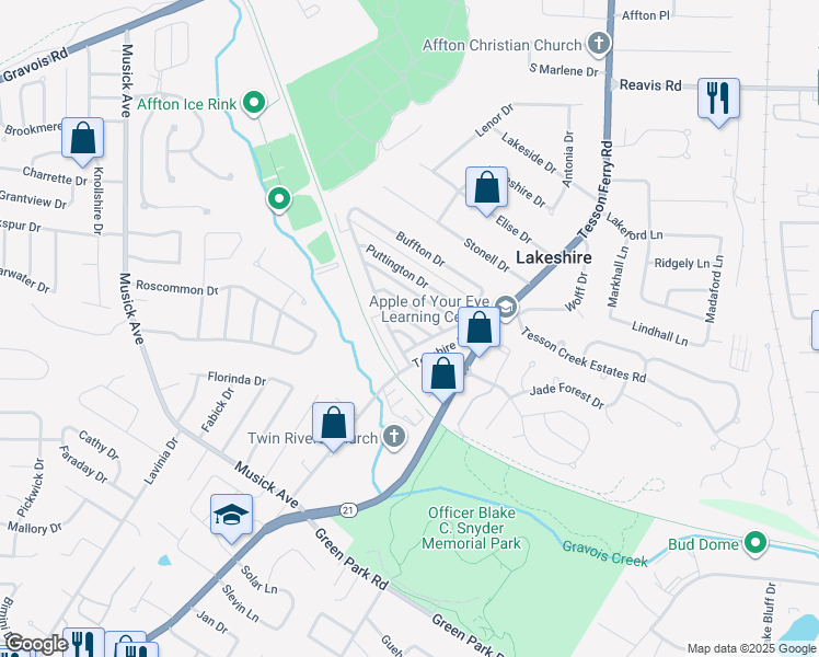 map of restaurants, bars, coffee shops, grocery stores, and more near 10009 Squire Meadows Drive in St. Louis