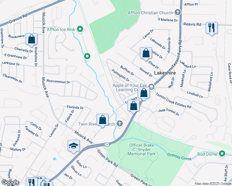map of restaurants, bars, coffee shops, grocery stores, and more near 10064 Squire Meadows Drive in St. Louis
