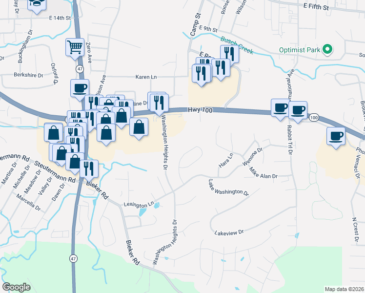 map of restaurants, bars, coffee shops, grocery stores, and more near 115 Monticello Drive in Washington