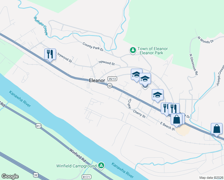 map of restaurants, bars, coffee shops, grocery stores, and more near 12353 Charleston Road in Eleanor