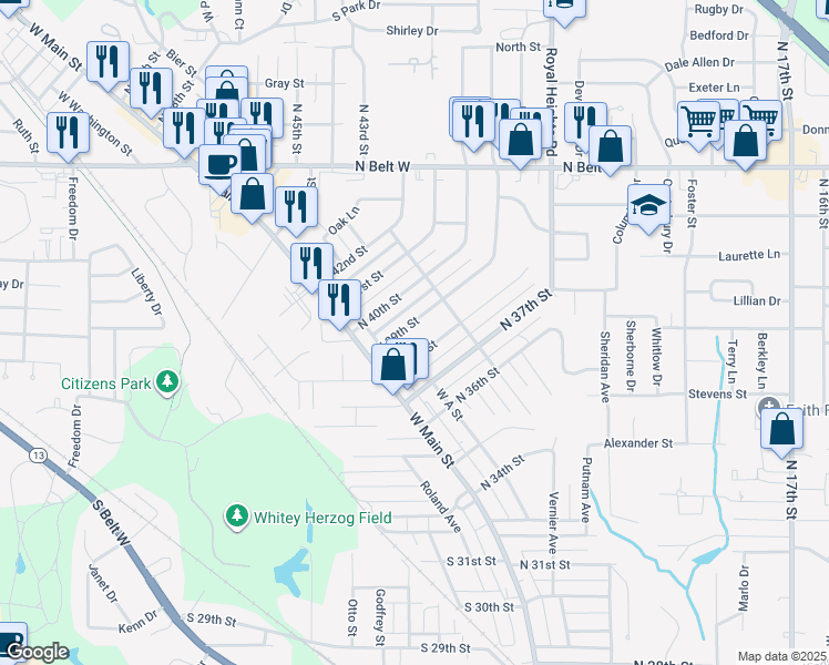 map of restaurants, bars, coffee shops, grocery stores, and more near 100 North 39th Street in Belleville