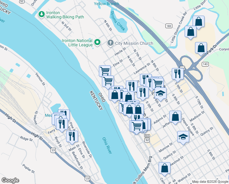 map of restaurants, bars, coffee shops, grocery stores, and more near 212 North 2nd Street in Ironton