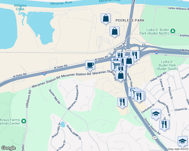 map of restaurants, bars, coffee shops, grocery stores, and more near 104 Meramec Oak Ridge in Fenton