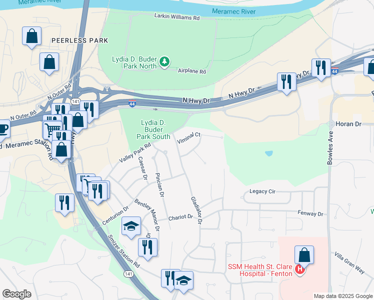 map of restaurants, bars, coffee shops, grocery stores, and more near 2305 Esquline Drive in Fenton