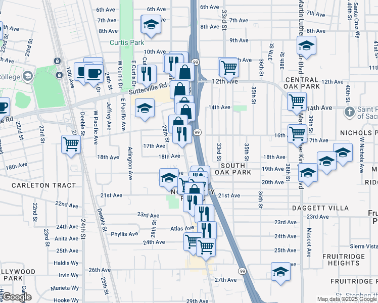 map of restaurants, bars, coffee shops, grocery stores, and more near 4125 Franklin Boulevard in Sacramento
