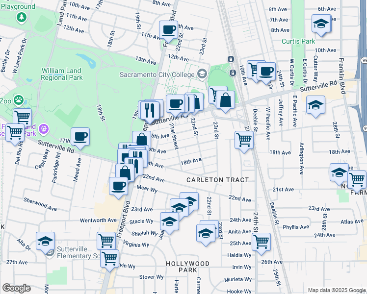 map of restaurants, bars, coffee shops, grocery stores, and more near 2111 16th Avenue in Sacramento