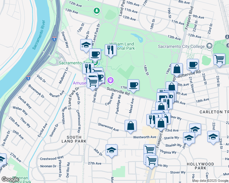 map of restaurants, bars, coffee shops, grocery stores, and more near 4400 Capri Way in Sacramento