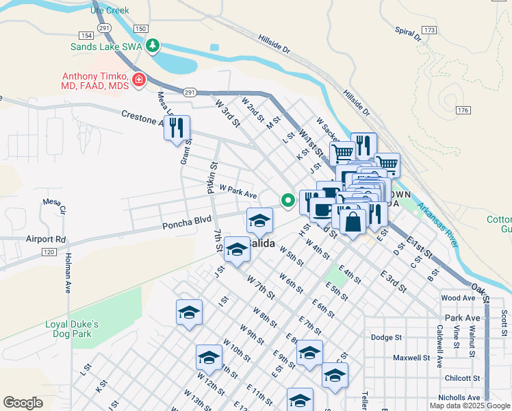 map of restaurants, bars, coffee shops, grocery stores, and more near 102 Poncha Boulevard in Salida