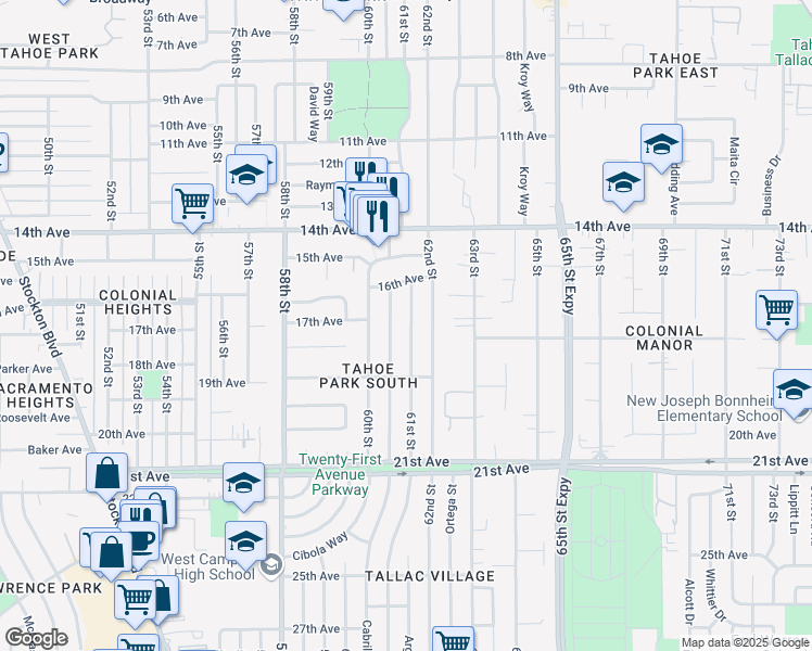 map of restaurants, bars, coffee shops, grocery stores, and more near 4228 61st Street in Sacramento