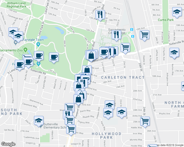 map of restaurants, bars, coffee shops, grocery stores, and more near 2027 16th Avenue in Sacramento