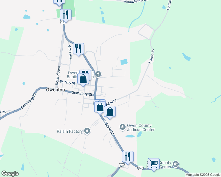 map of restaurants, bars, coffee shops, grocery stores, and more near 125 East Perry Street in Owenton