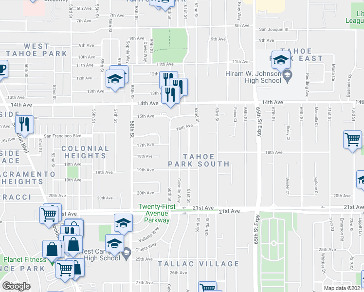 map of restaurants, bars, coffee shops, grocery stores, and more near 4229 Cabrillo Way in Sacramento