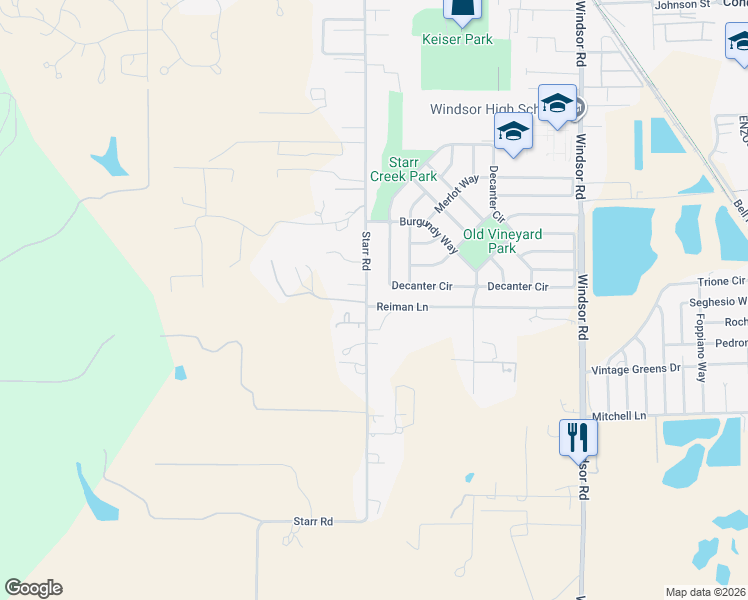 map of restaurants, bars, coffee shops, grocery stores, and more near 8524 Starr Road in Windsor