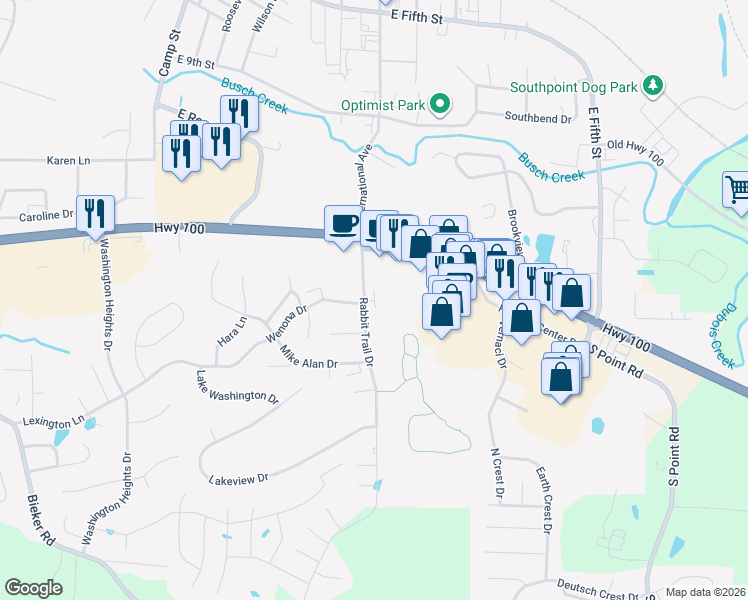 map of restaurants, bars, coffee shops, grocery stores, and more near 18 Rabbit Trail Drive in Washington