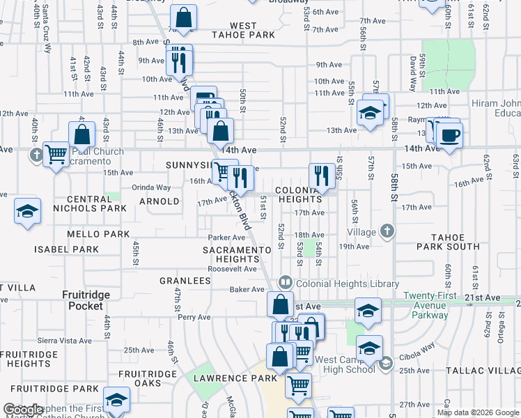 map of restaurants, bars, coffee shops, grocery stores, and more near 4131 50th Street in Sacramento