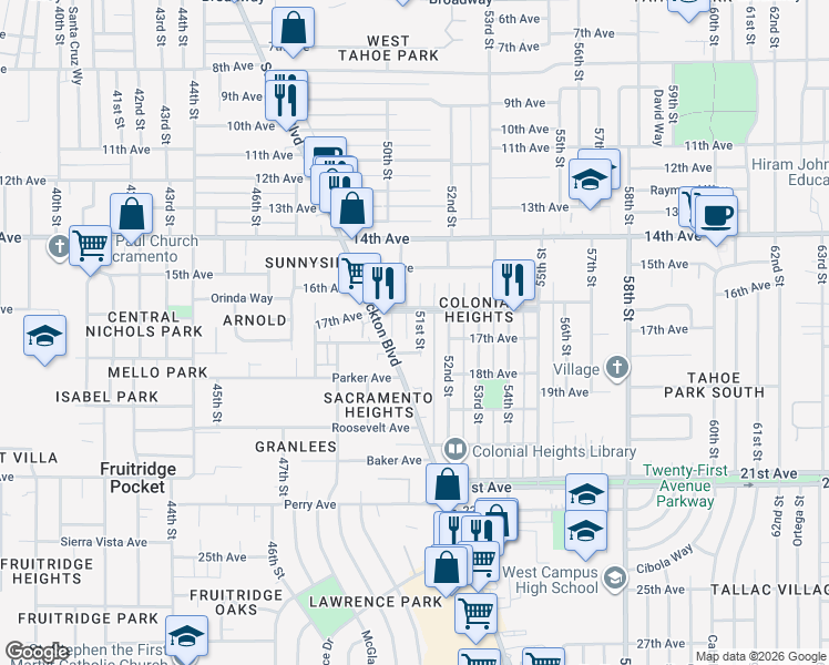 map of restaurants, bars, coffee shops, grocery stores, and more near 4131 50th Street in Sacramento