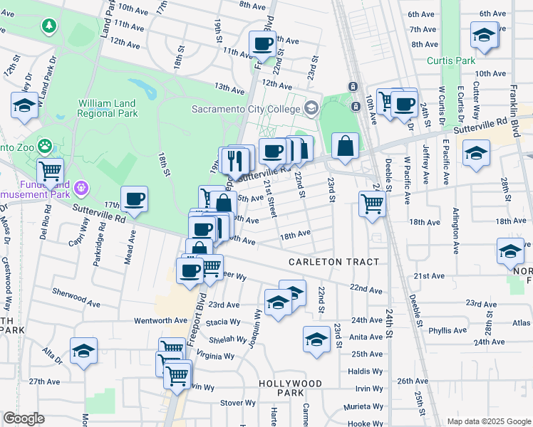 map of restaurants, bars, coffee shops, grocery stores, and more near 2061 16th Avenue in Sacramento