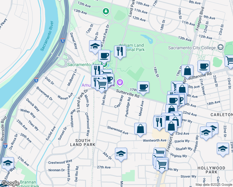 map of restaurants, bars, coffee shops, grocery stores, and more near 1415 Carrousel Lane in Sacramento