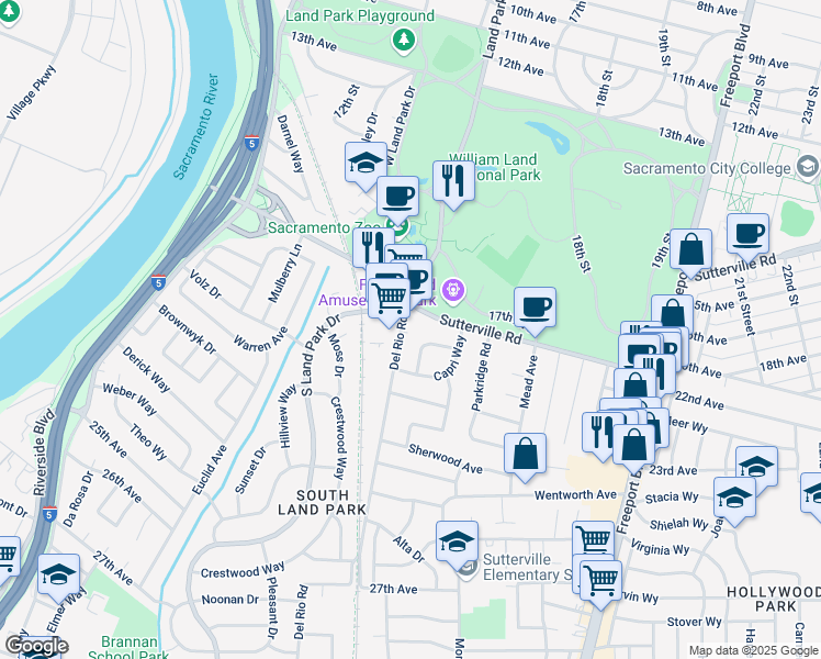 map of restaurants, bars, coffee shops, grocery stores, and more near 1415 Carrousel Lane in Sacramento