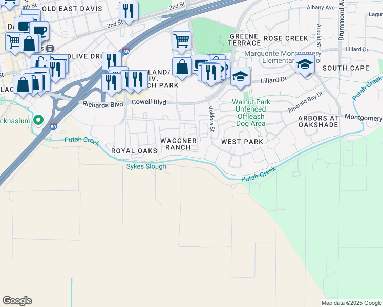 map of restaurants, bars, coffee shops, grocery stores, and more near Unnamed Road in Davis