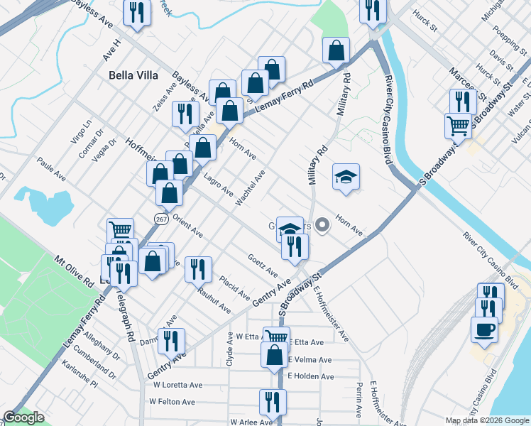 map of restaurants, bars, coffee shops, grocery stores, and more near 339 Lagro Avenue in St. Louis
