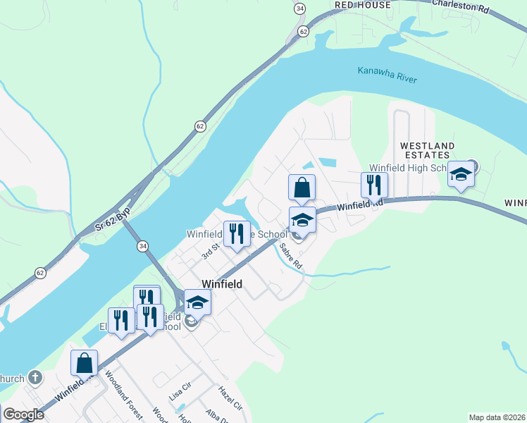 map of restaurants, bars, coffee shops, grocery stores, and more near 227 Woodbend Cove in Winfield