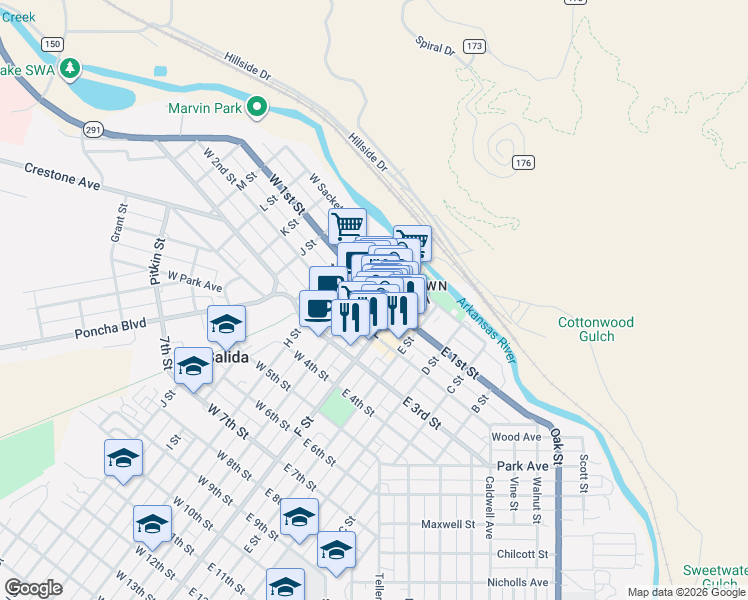 map of restaurants, bars, coffee shops, grocery stores, and more near 123 G G Street in Salida
