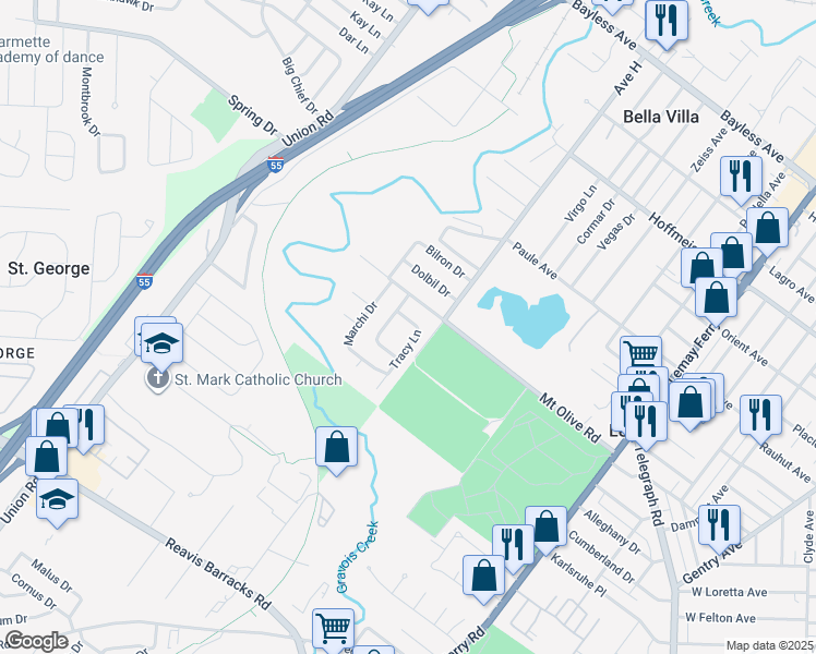 map of restaurants, bars, coffee shops, grocery stores, and more near 1220 Tracy Lane in St. Louis