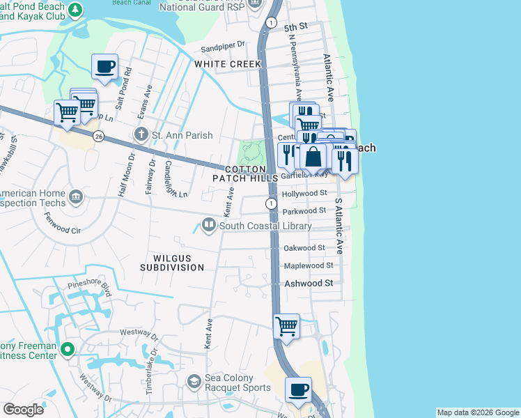 map of restaurants, bars, coffee shops, grocery stores, and more near 309 Parkwood Street in Bethany Beach