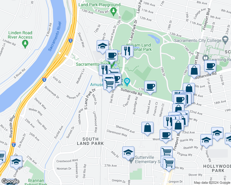 map of restaurants, bars, coffee shops, grocery stores, and more near 4411 Del Rio Road in Sacramento