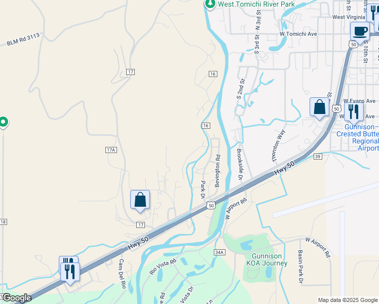 map of restaurants, bars, coffee shops, grocery stores, and more near 320 Park Drive in Gunnison