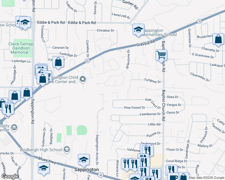 map of restaurants, bars, coffee shops, grocery stores, and more near 11187 Stanwick Court in Sappington