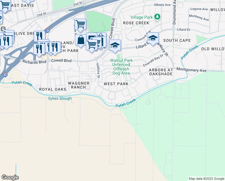 map of restaurants, bars, coffee shops, grocery stores, and more near 1744 Valdora Street in Davis