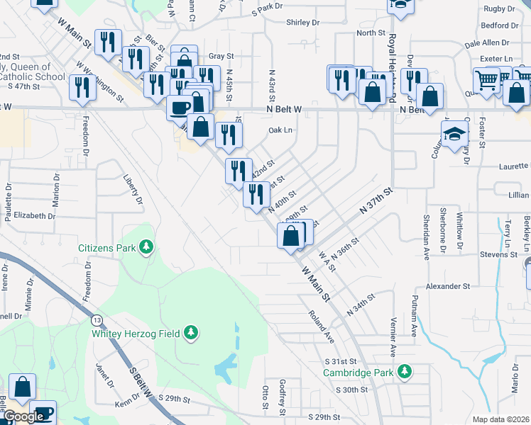 map of restaurants, bars, coffee shops, grocery stores, and more near 4002 West Main Street in Belleville