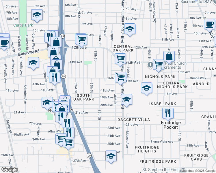 map of restaurants, bars, coffee shops, grocery stores, and more near 3700 17th Avenue in Sacramento